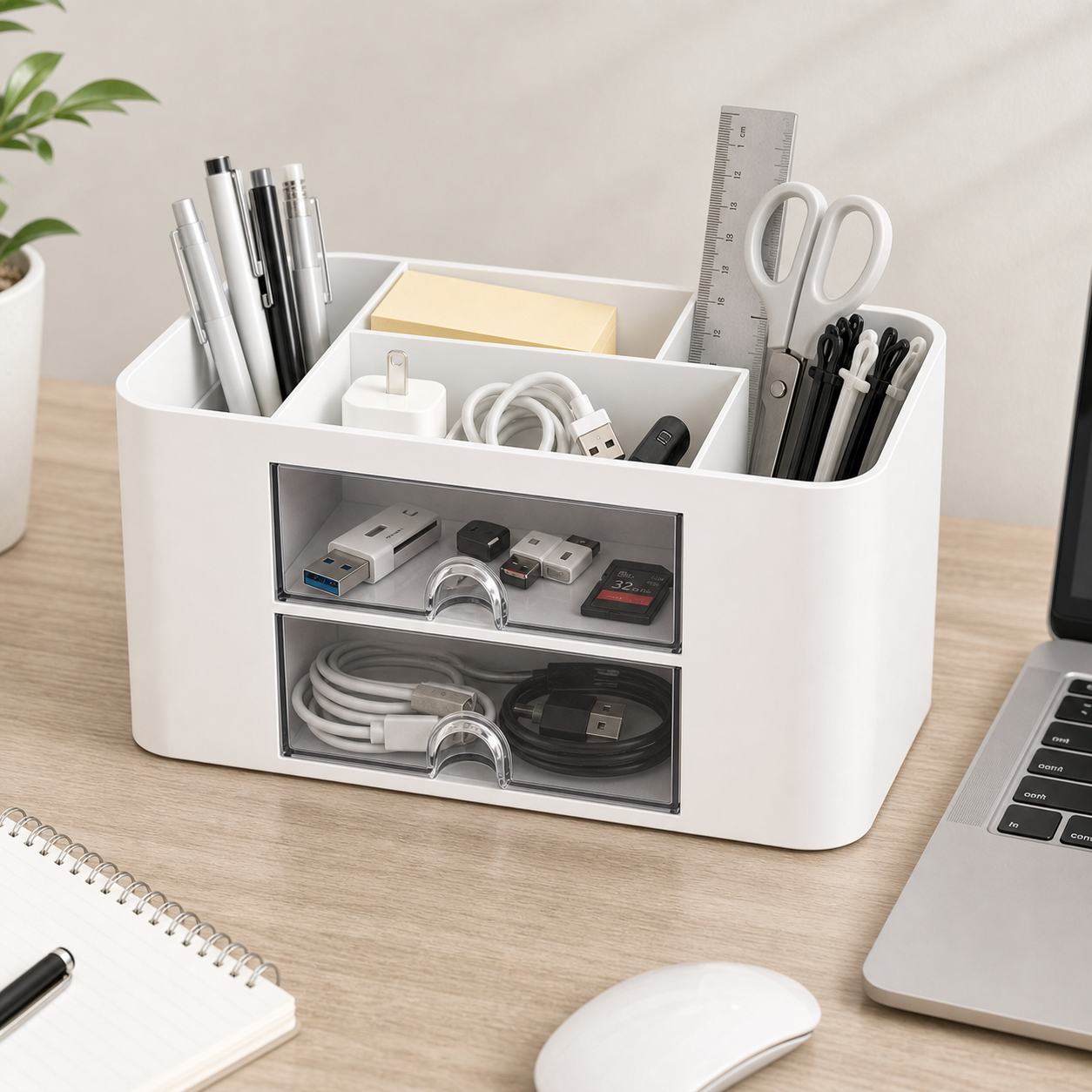 White two-drawer desktop organizer holding small tech and desk accessories
