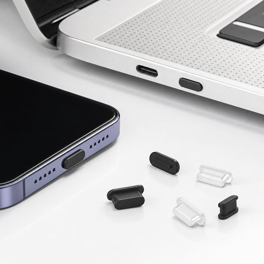 DustGuard USB-C port covers shown with a laptop and phone for scale