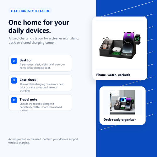 Tech Honesty fit guide for the 3 in 1 Wireless Charger showing desk, nightstand, and case compatibility notes