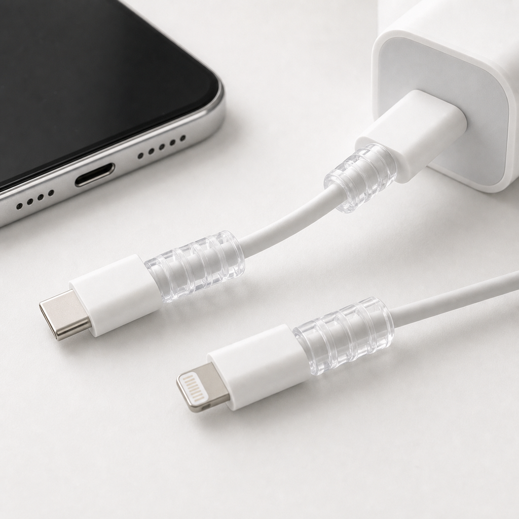 Clear cable protector sleeves installed near charging cable connector bend points