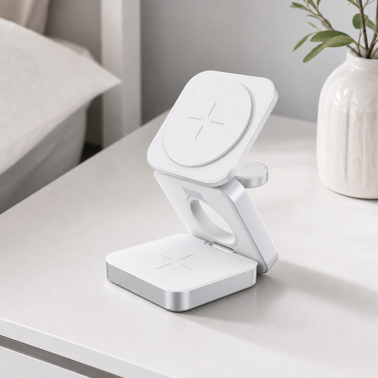 3-in-1 Foldable Wireless Charging Station in white on a bedside table