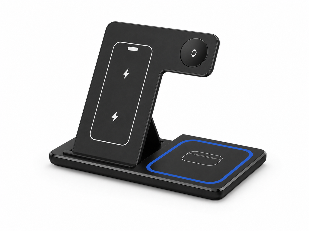 3-in-1 Foldable Wireless Charging Station in black on a clean white background