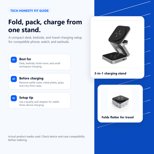 Tech Honesty fit guide for the 3-in-1 Foldable Wireless Charging Station showing travel, desk, and case compatibility notes