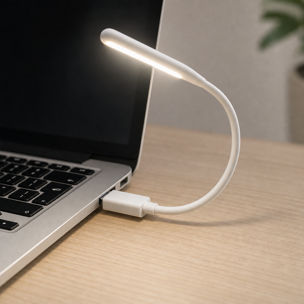 GlowFlex white bendable USB-A light plugged into a laptop USB port