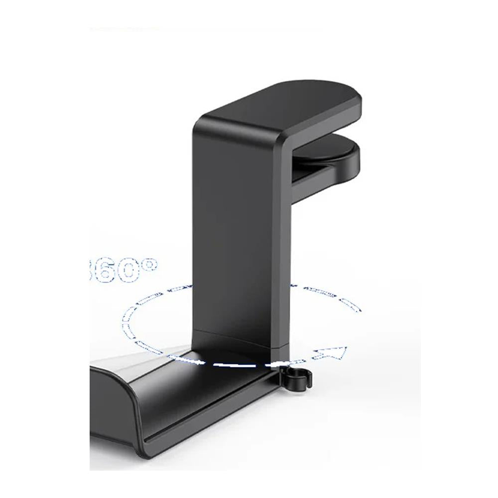 Black clamp-style desk headphone hook on a clean white background