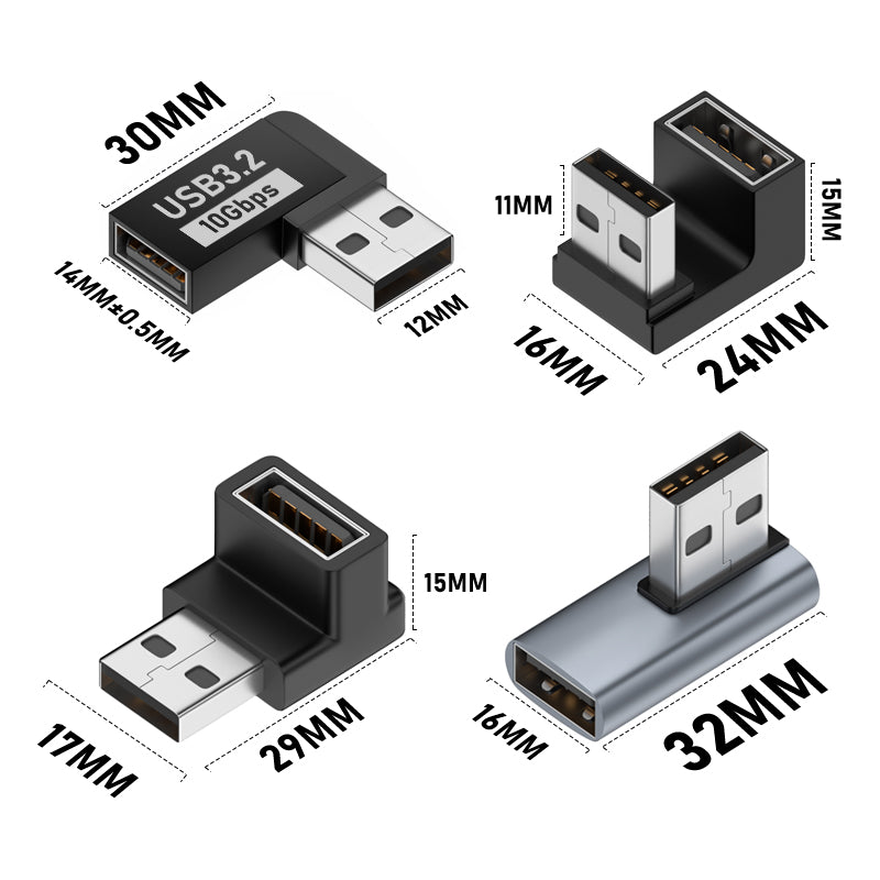 AngleLink USB 3.0 right-angle adapter source dimensions for the adapter body and connector