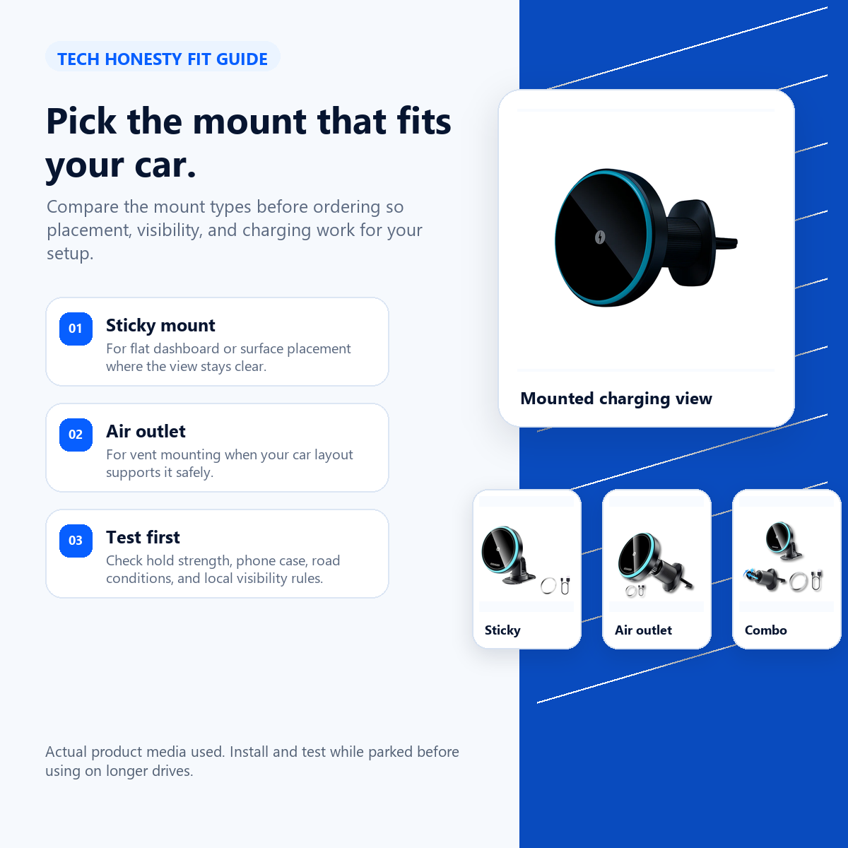 Tech Honesty fit guide for the MagCar Wireless Charger comparing sticky mount, air outlet mount, and combination kit options