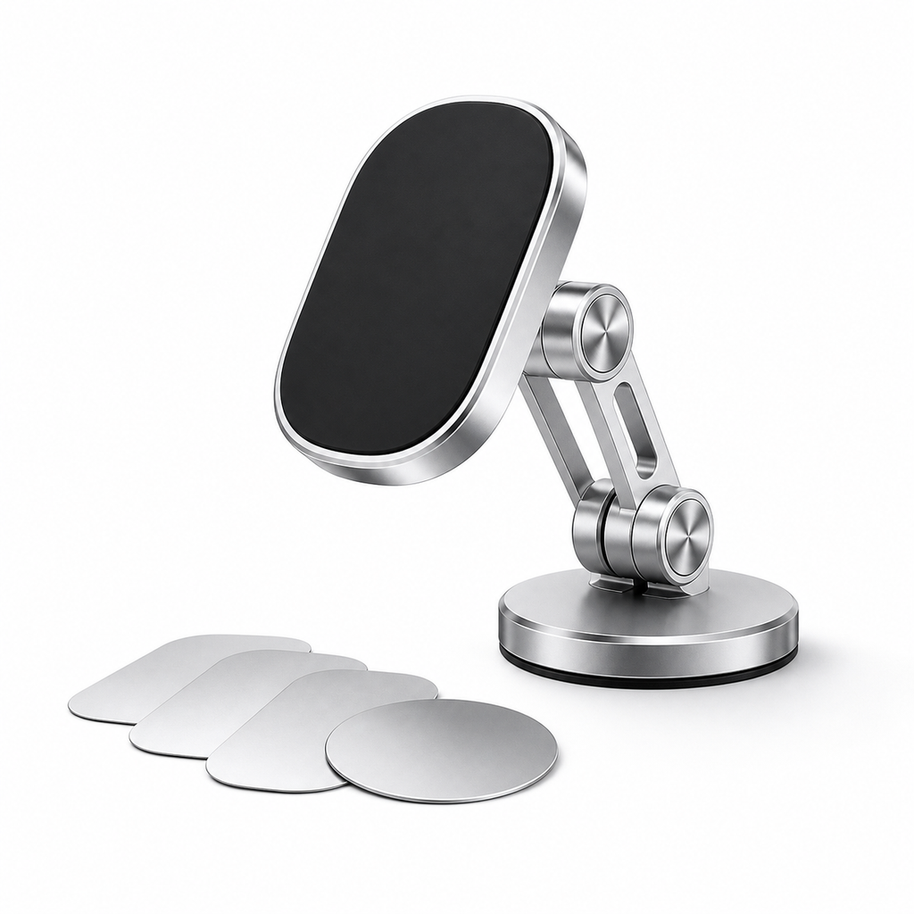 Silver magnetic dashboard phone holder on a white background