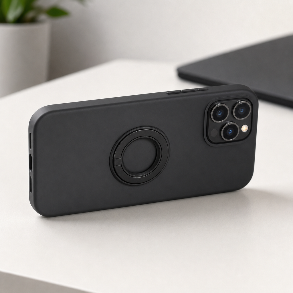 Black magnetic ring holder attached to the back of a generic phone case