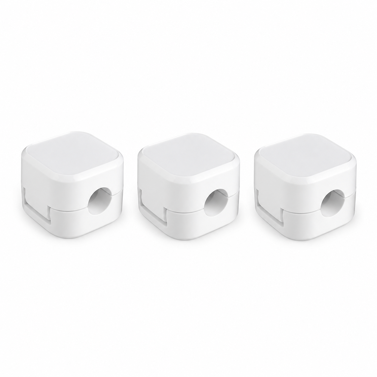 MagneClip 3-pack white cable organizer clips on a clean white background