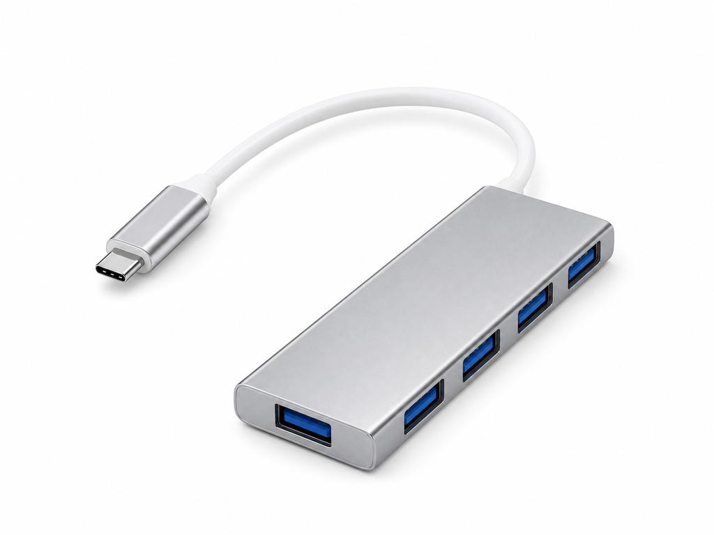 PortDock 4-Port USB-C Hub with USB-C input on a clean white background