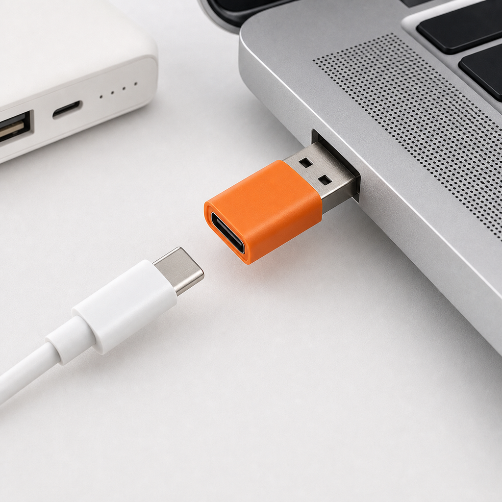 Orange USB-A to USB-C mini adapter shown with a USB-C cable on a desk