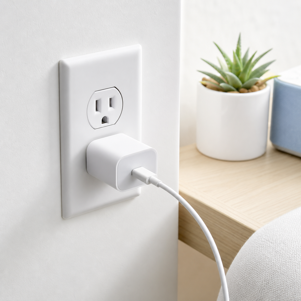 White USB-C wall charger plugged into a US outlet with a USB-C cable