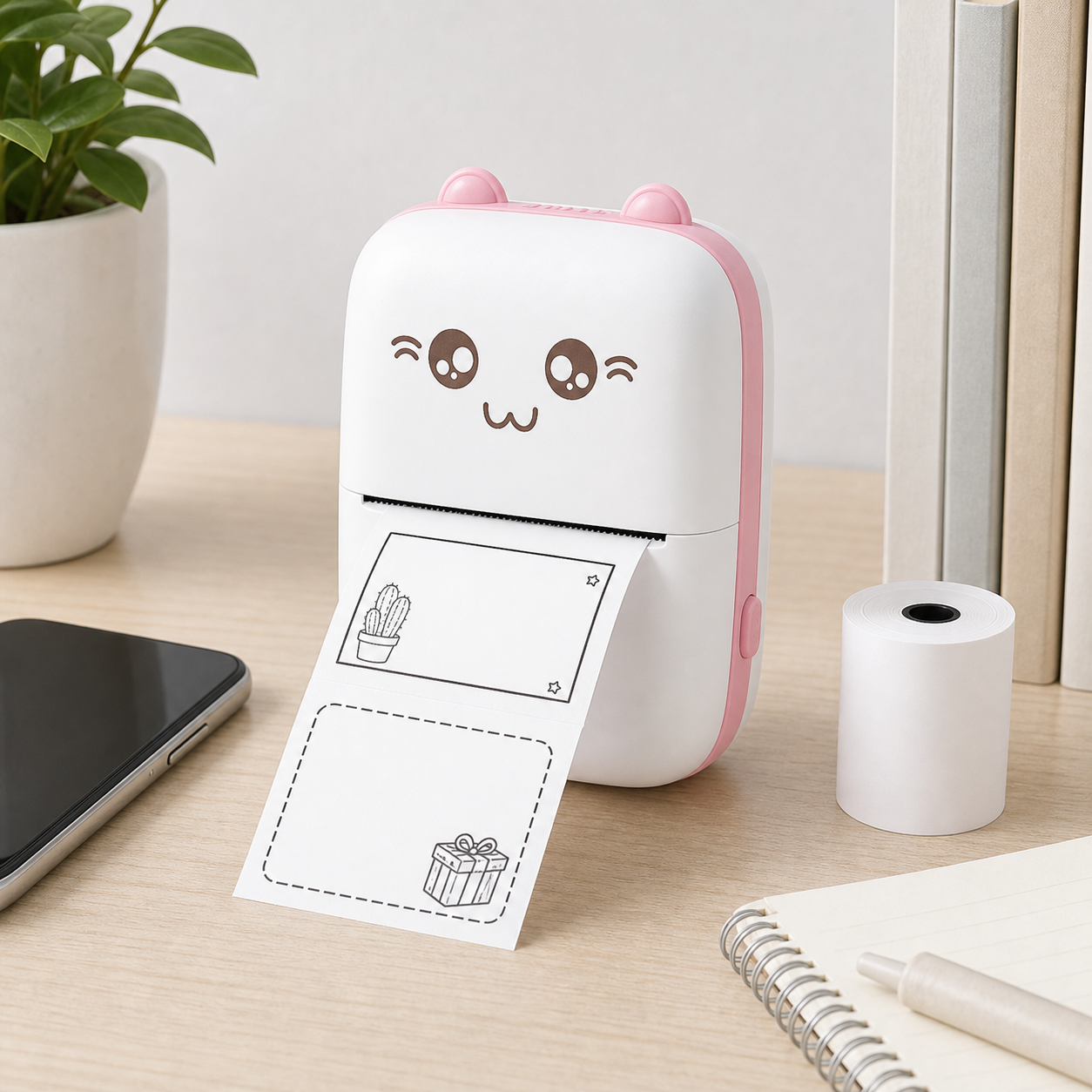 Compact 58mm mini thermal printer printing a black-and-white note on a desk