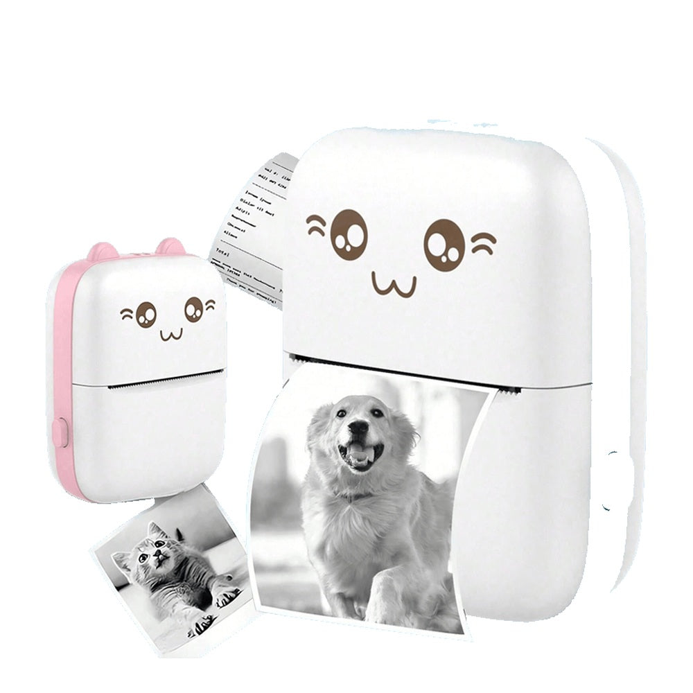 Compact 58mm mini thermal printer with sample black and white photo prints on a white background