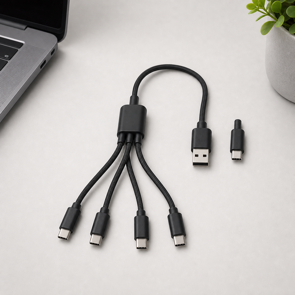QuadLink USB-C splitter charging cable with four USB-C output leads and input options