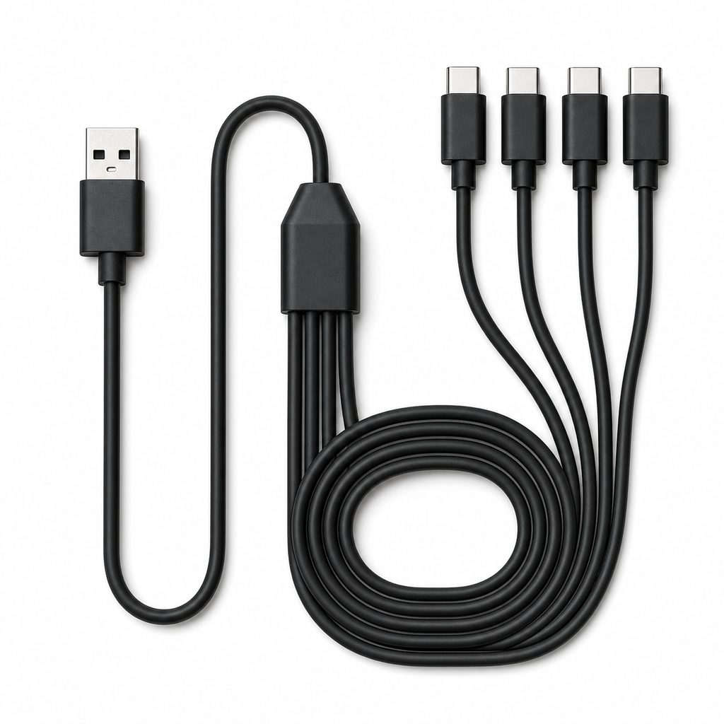 QuadLink USB-C Splitter Charging Cable with USB-A input on a clean white background