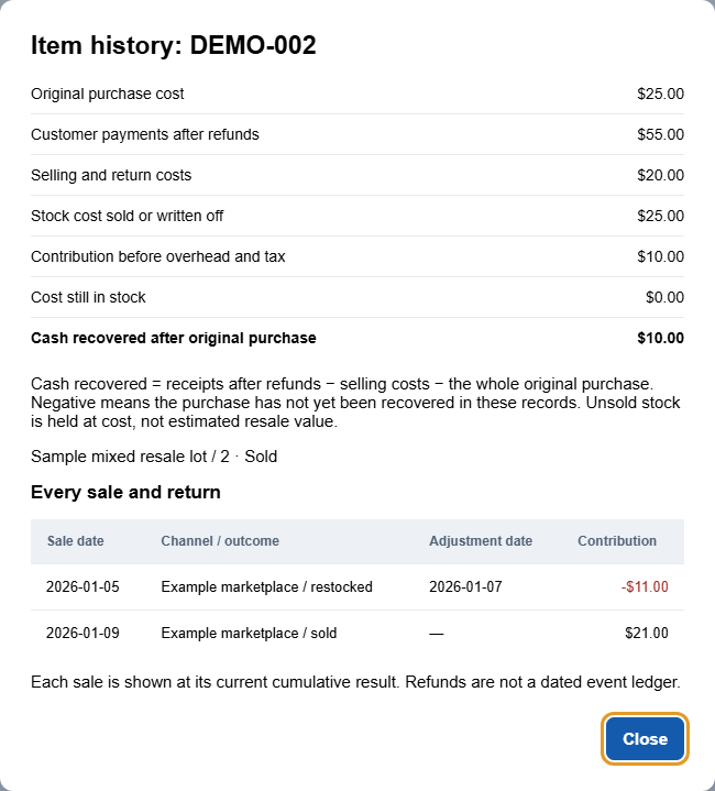 DEMO-002 fictional return and resale combine to 10-dollar contribution before overhead and tax.
