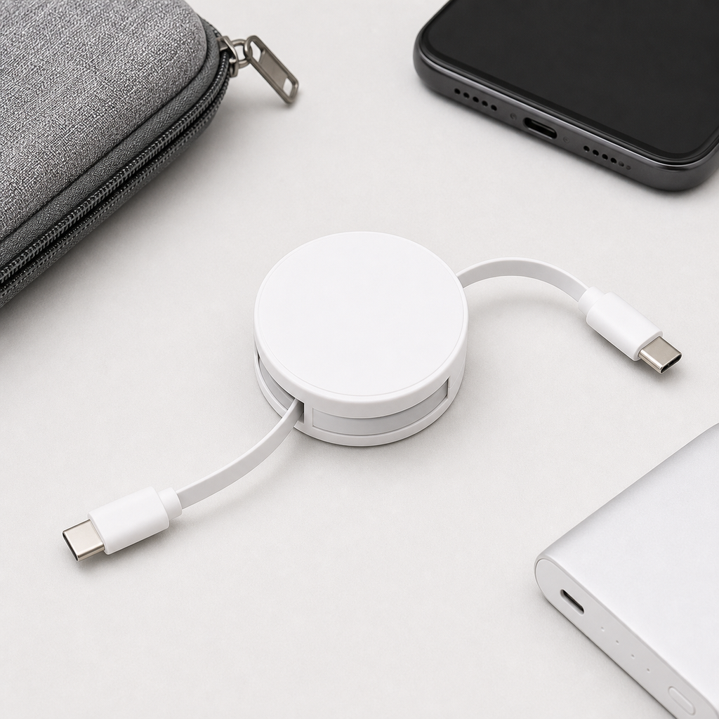 White retractable USB-C charging cable partially extended on a desk