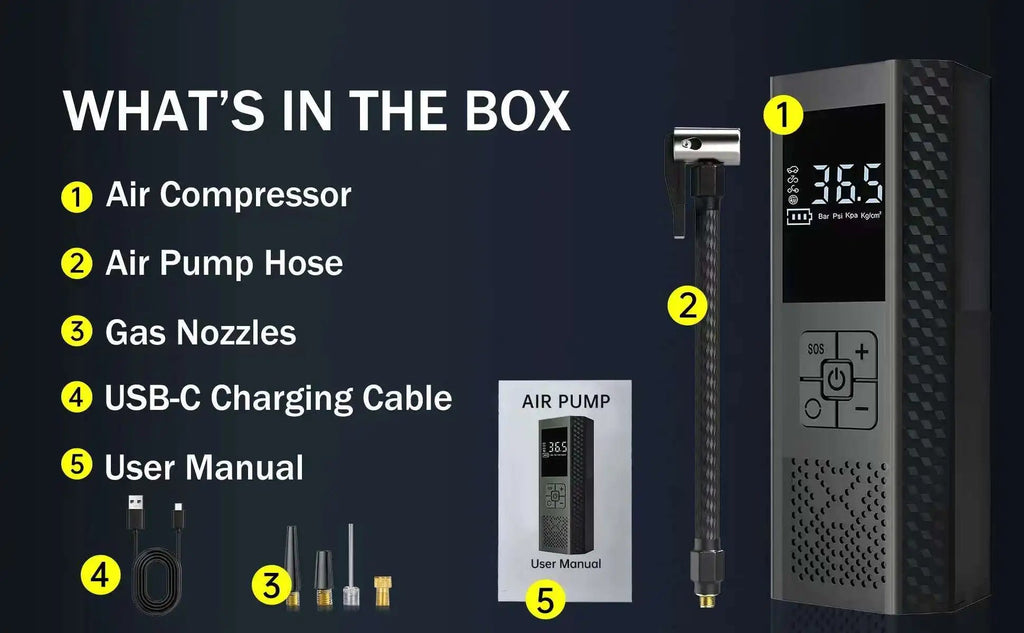 RoadPump box contents showing inflator hose nozzles USB-C cable and manual