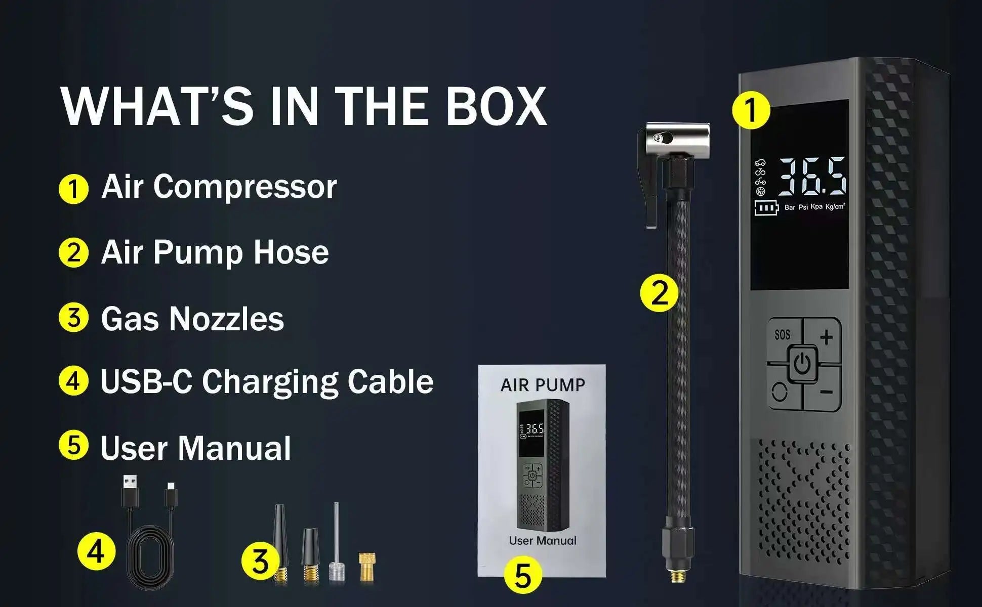 RoadPump box contents showing inflator hose nozzles USB-C cable and manual