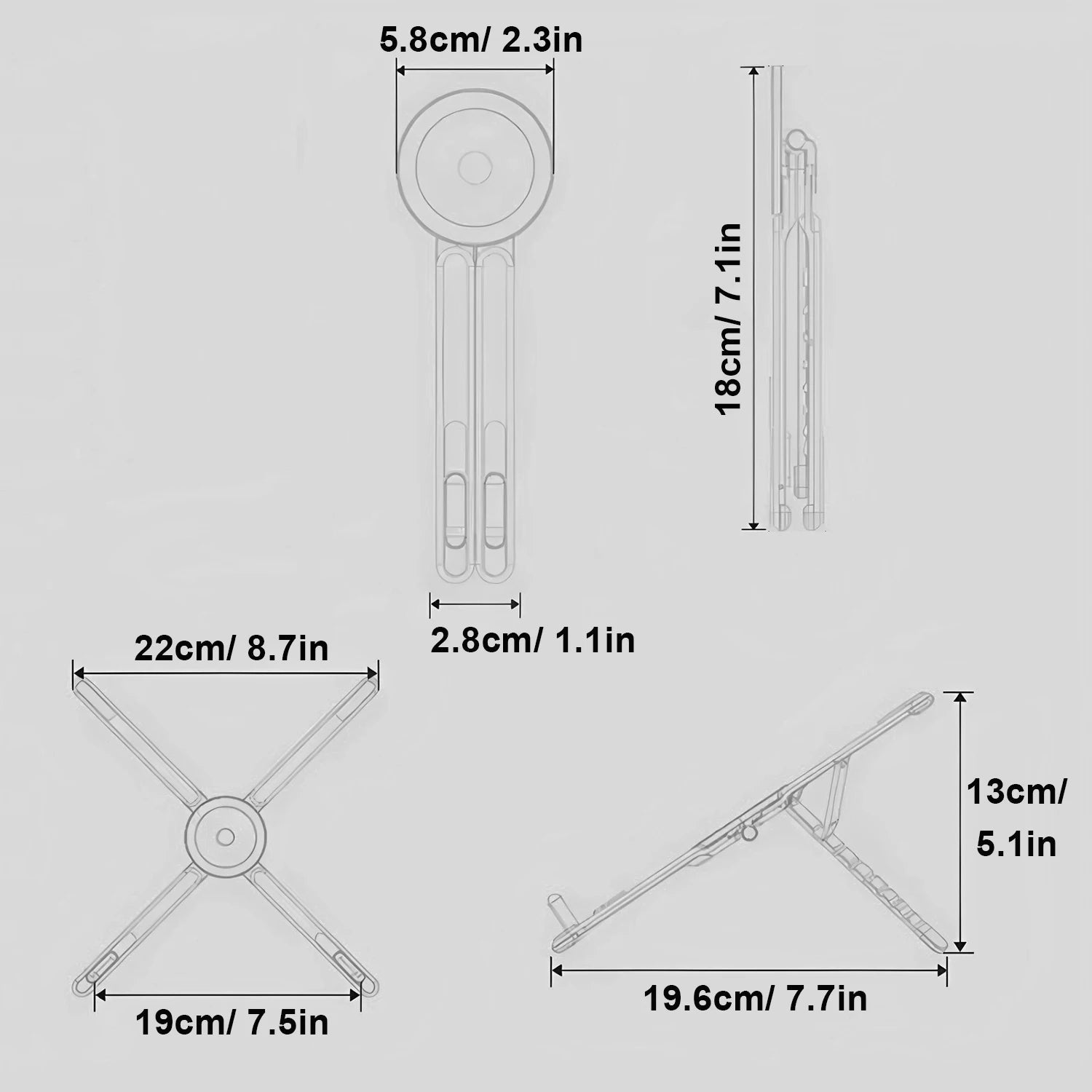 SnapStand dimension panel showing folded and open measurements