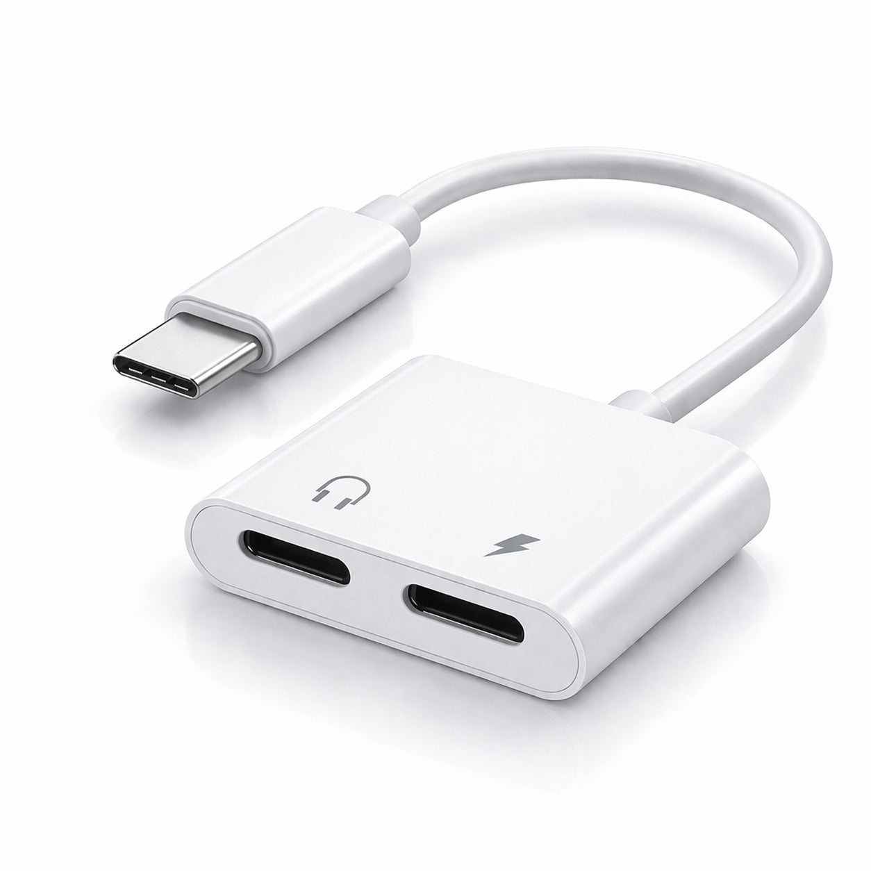 White USB-C audio and charging splitter on a clean white background