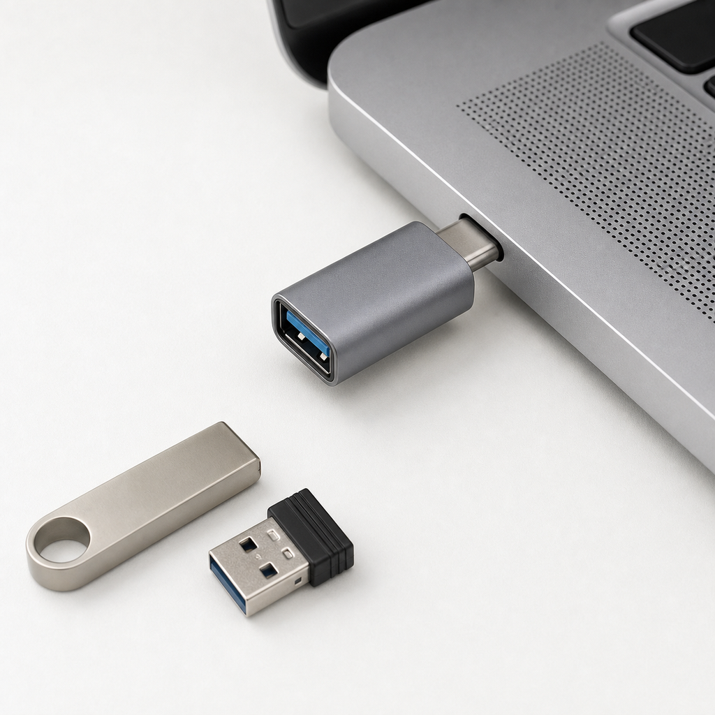 USB-C male to USB-A female OTG adapter plugged into a laptop USB-C port
