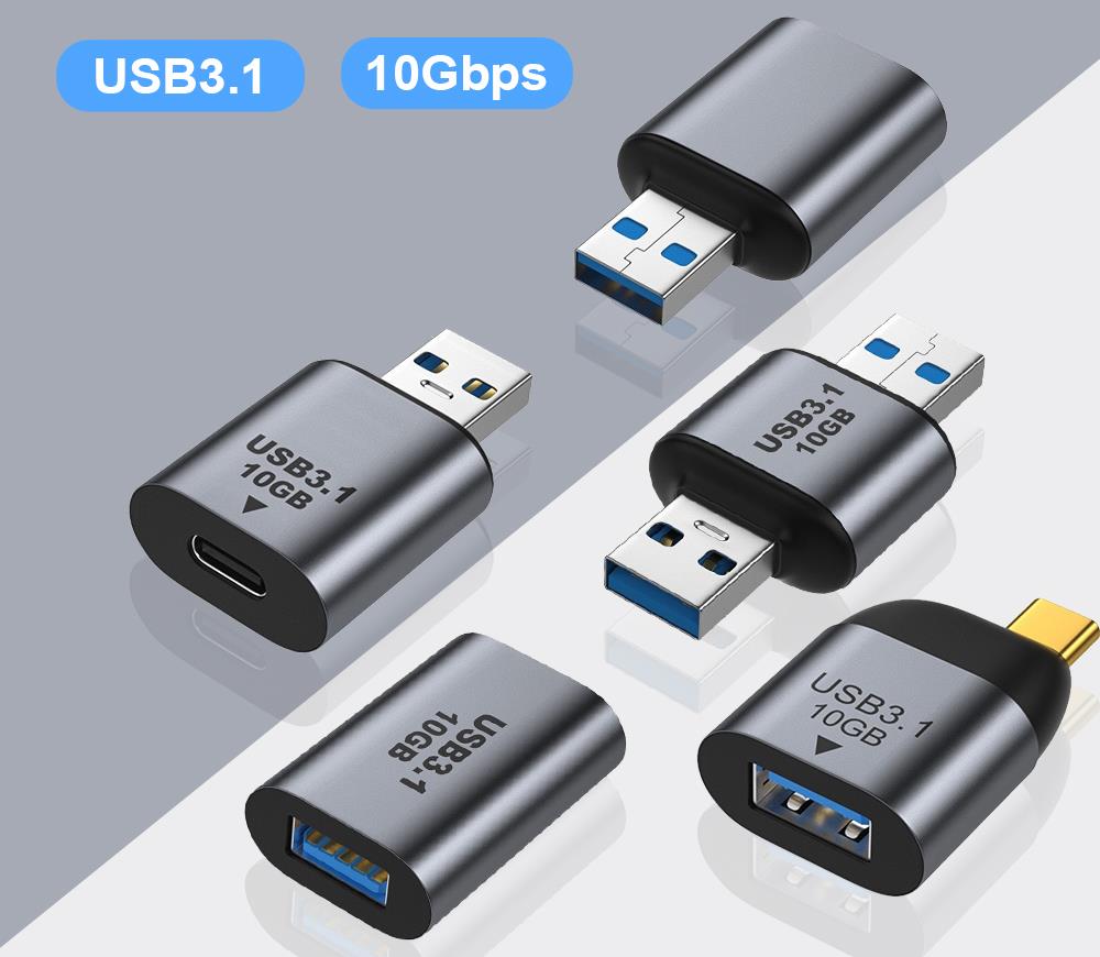 USB-C male to USB-A female OTG adapter on a grey background
