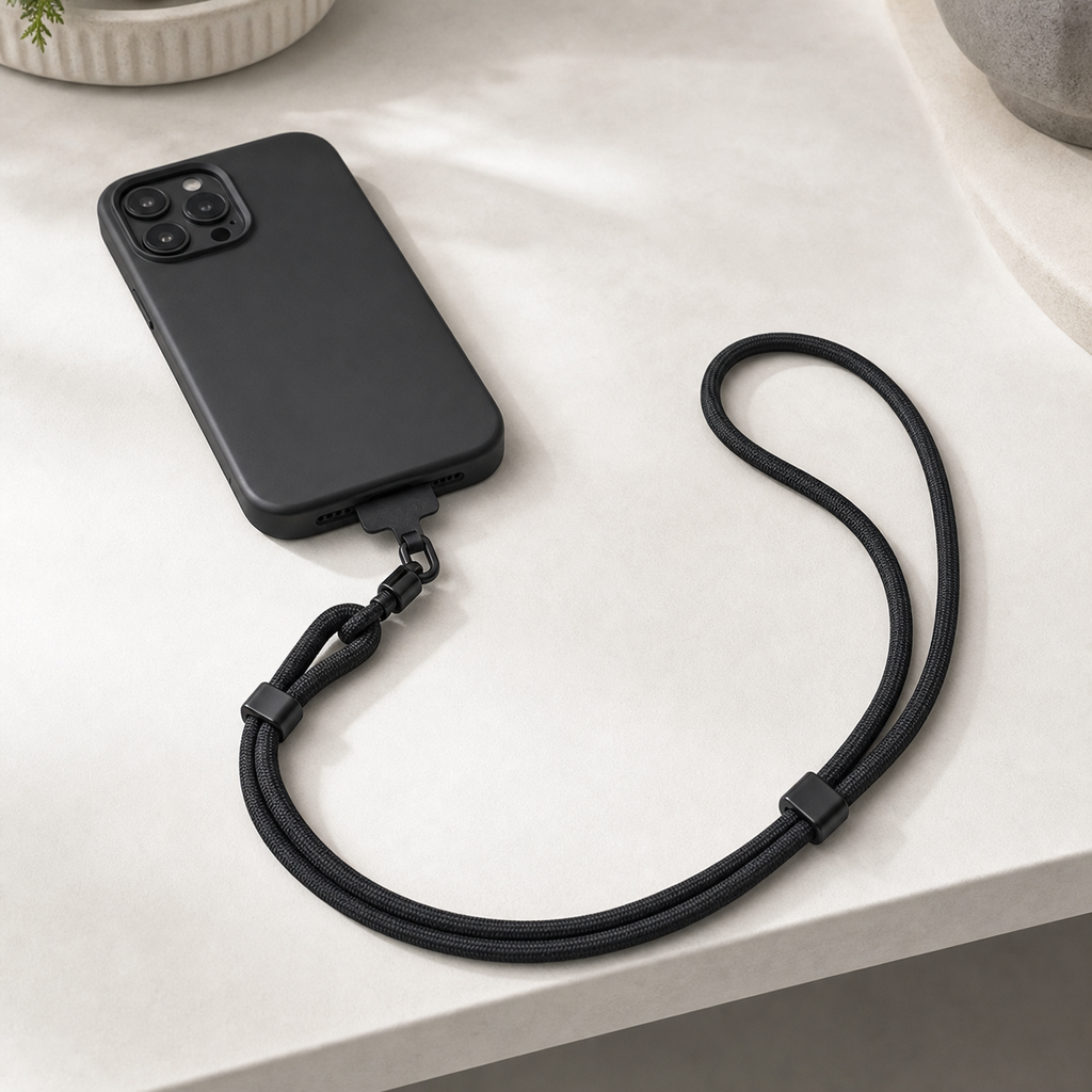SwitchStrap adjustable phone lanyard attached to a phone case with tether tab