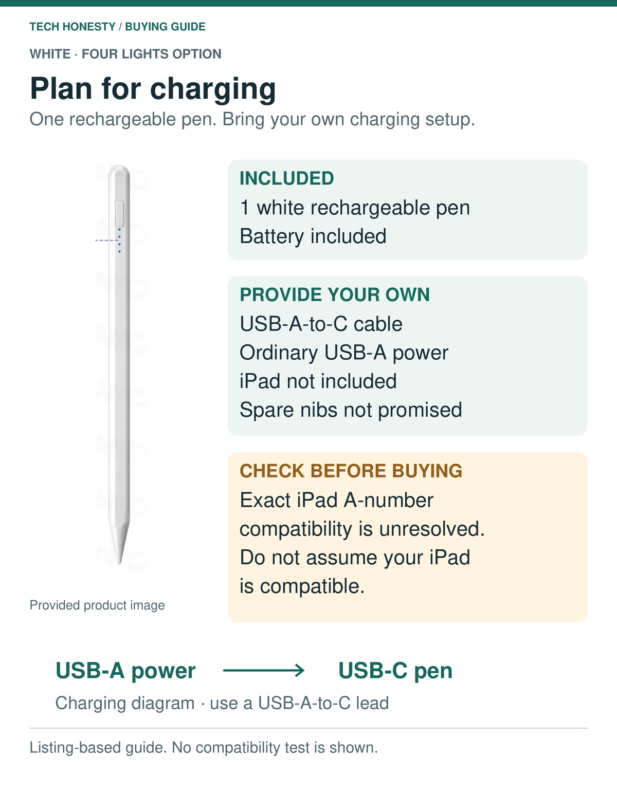 Buying guide for the white Four lights stylus: one rechargeable pen with battery, bring a USB-A-to-C cable and USB-A power, and exact iPad A-number compatibility remains unresolved. Genuine product photo.