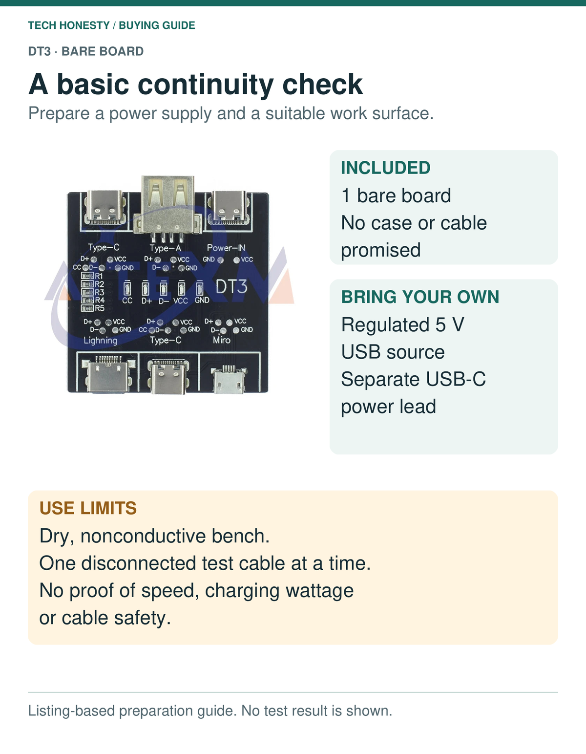 DT3 preparation guide: bare board only; separate regulated 5 V USB source and USB-C power lead required. Use a dry nonconductive bench and one disconnected test cable; indicators do not prove speed, wattage or safety.