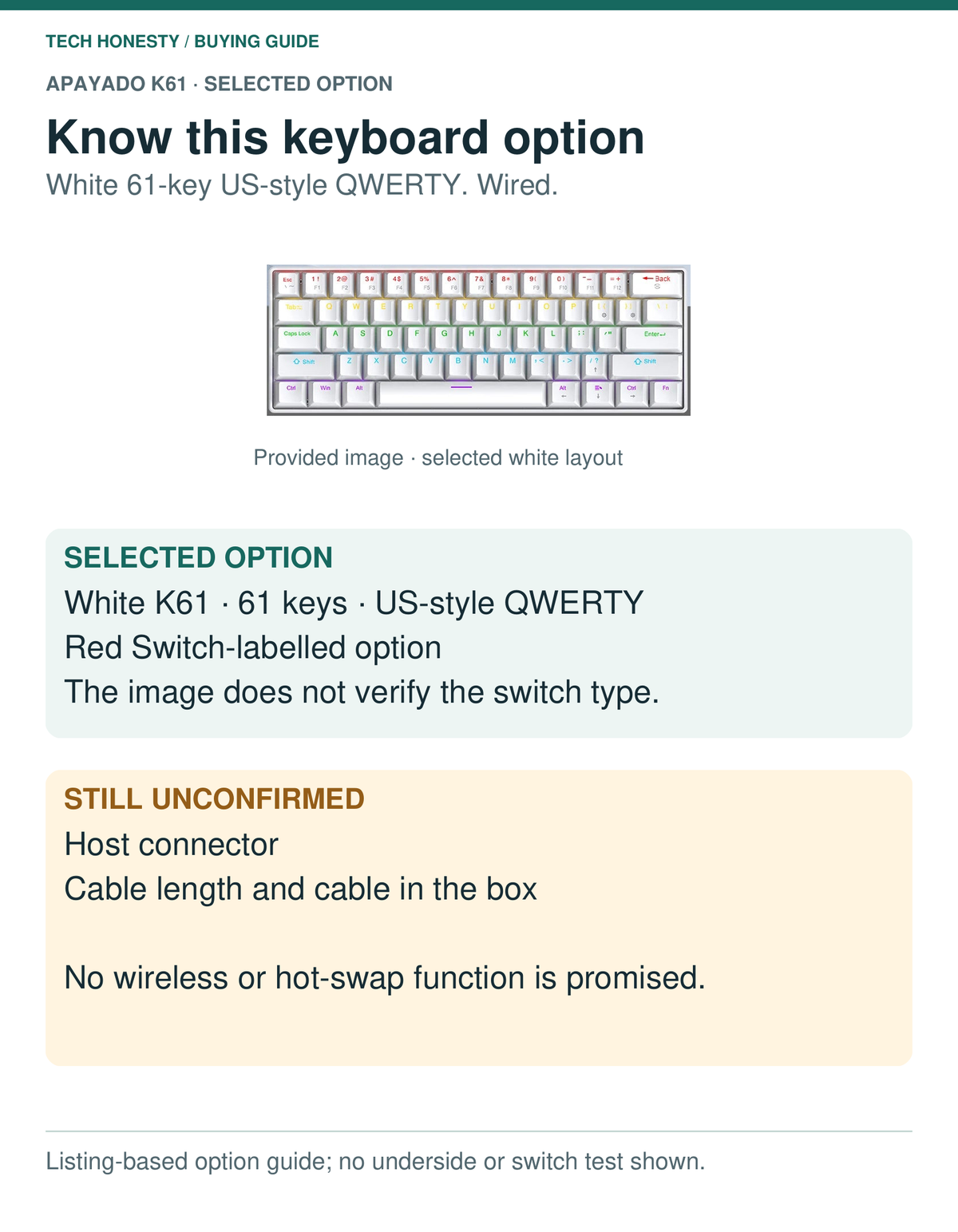 White K61 selected-option guide: 61-key US-style QWERTY wired keyboard, Red Switch-labelled option. Host connector, cable length and cable inclusion unconfirmed; no wireless or hot-swap promise.