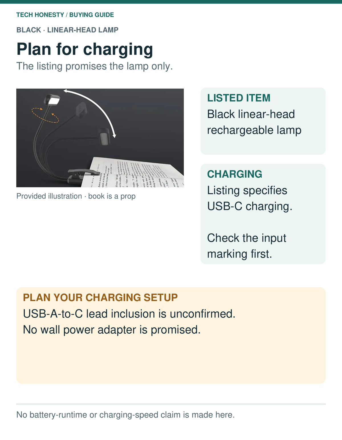 Black linear-head book light charging guide: lamp only promised; the listing specifies USB-C charging, USB-A-to-C lead inclusion unconfirmed, no wall adapter promised. Check input marking before charging.