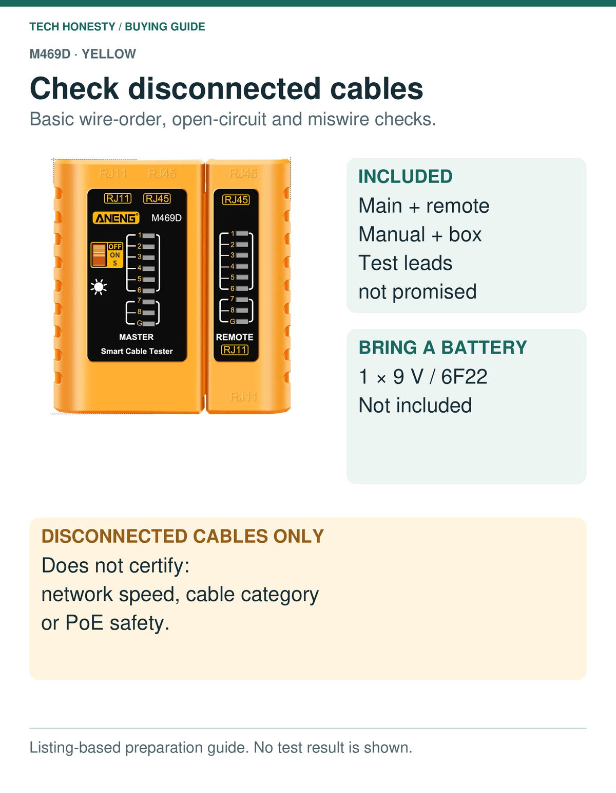 Yellow M469D preparation guide: main tester, remote, manual and box; a separate 9 V 6F22 battery is required and excluded. Disconnected cables only; no network speed, cable category or PoE safety certification.