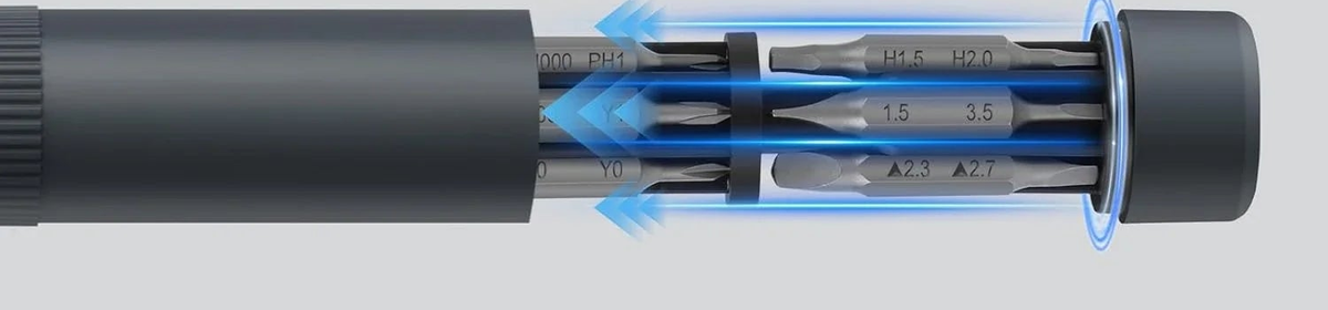 Black manual precision screwdriver with its bit-storage insert extended and blue directional graphics.