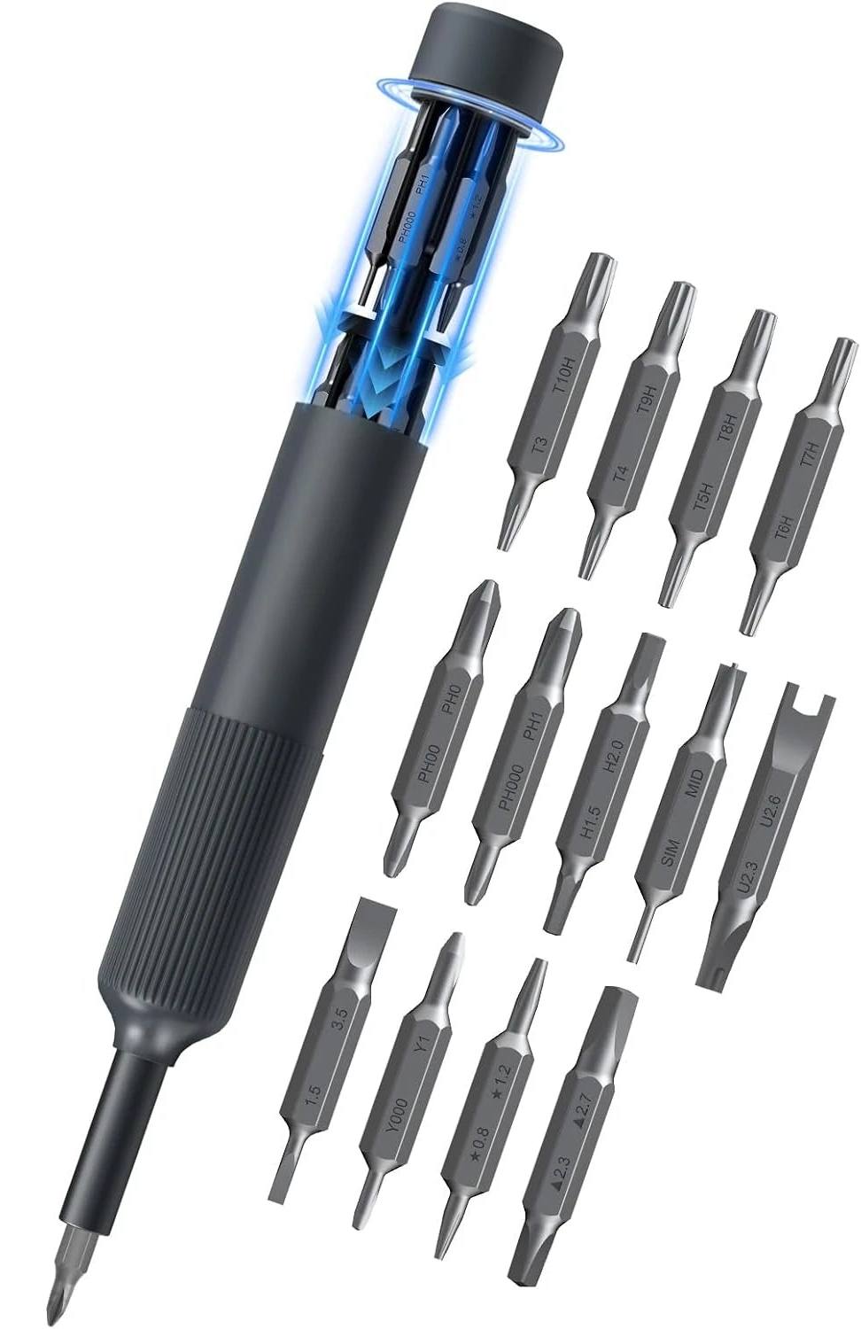 Black manual precision screwdriver shown with stored and separate double-ended bits.