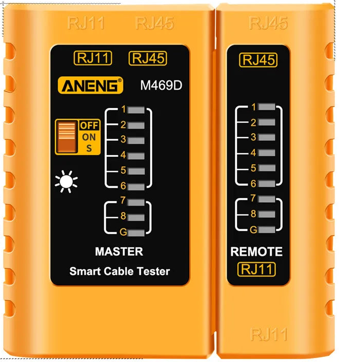 Front view of the yellow ANENG M469D main tester and detachable remote.