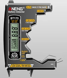 Black ANENG BT173 tester with stepped battery contacts and an LCD display.