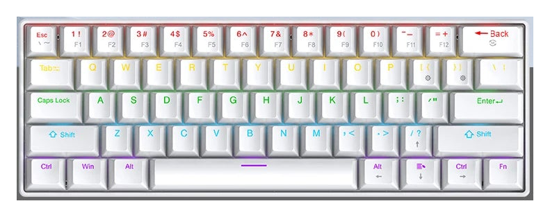 Top-down source view of the white K61 keyboard showing its compact US-style QWERTY layout and secondary key legends.