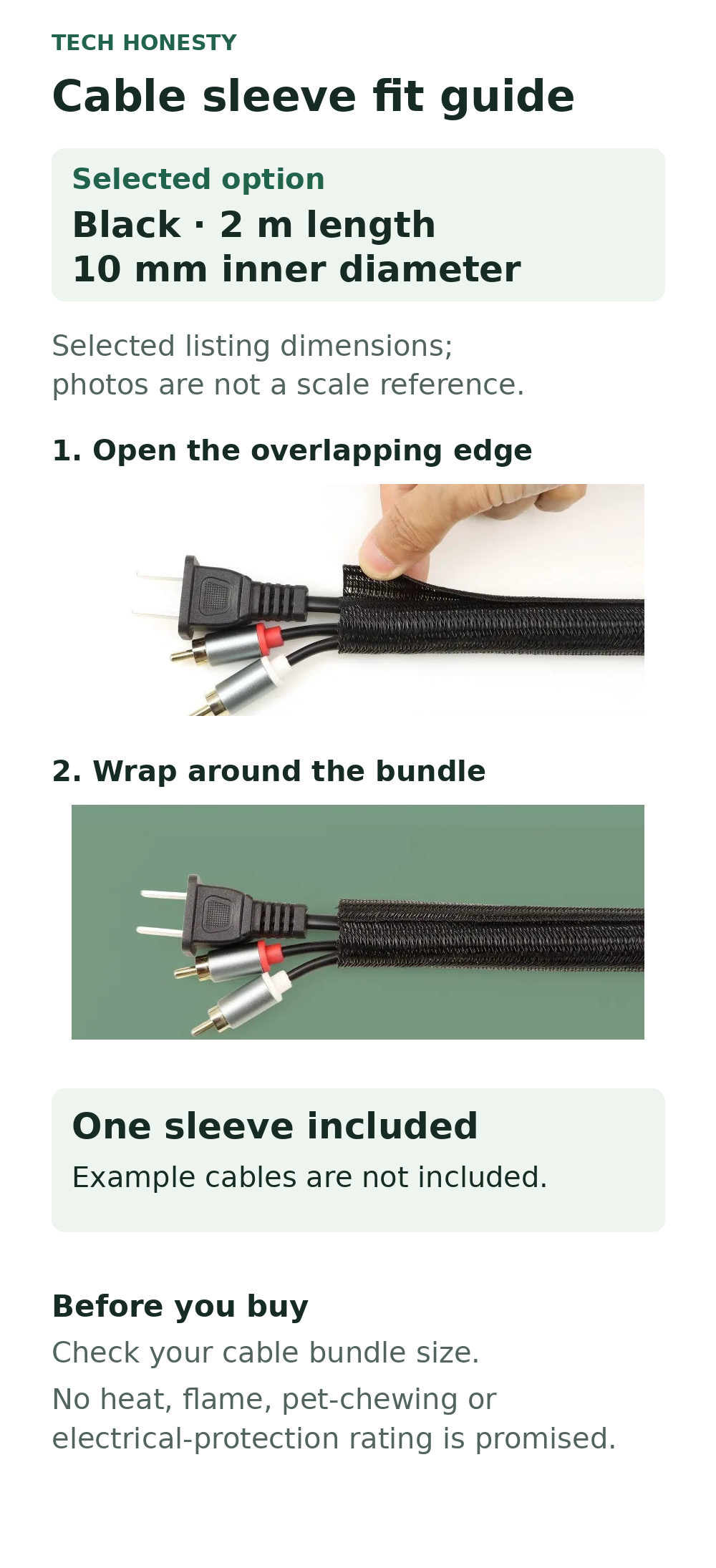 Selected black 2 m cable sleeve with 10 mm inner diameter, two installation-photo steps, one-sleeve contents and fit limitations. Example cables are not included.