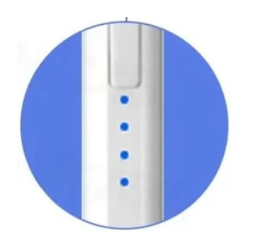Source close-up of the white stylus showing four blue indicator dots below a rectangular side feature.