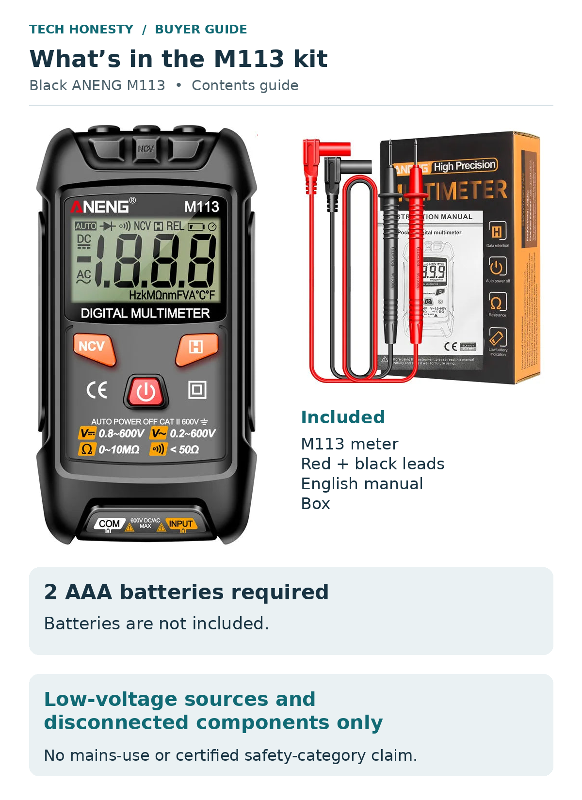 ANENG M113 contents guide showing the unchanged meter and supplied lead pair, manual and box. Two AAA batteries are required and not included. For appropriate low-voltage sources and disconnected components.