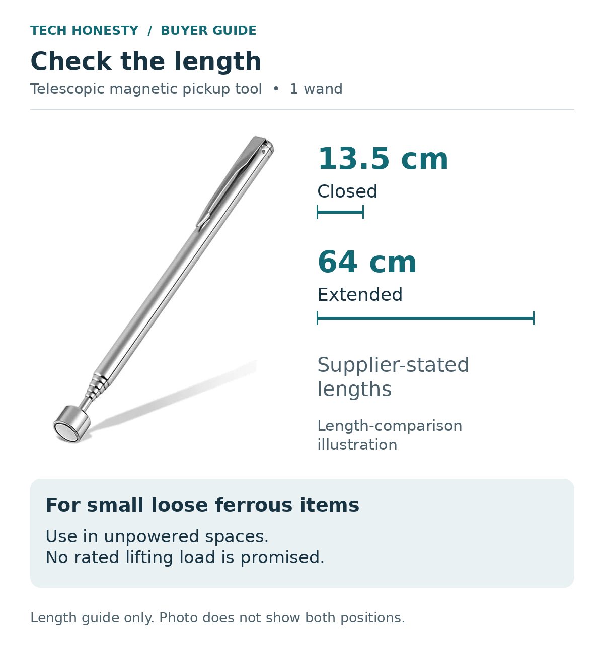 Magnetic pickup wand length guide: supplier-stated 13.5 cm closed and 64 cm extended. One unchanged source photo; both positions are not shown. For loose ferrous items in unpowered spaces; no rated lifting load.