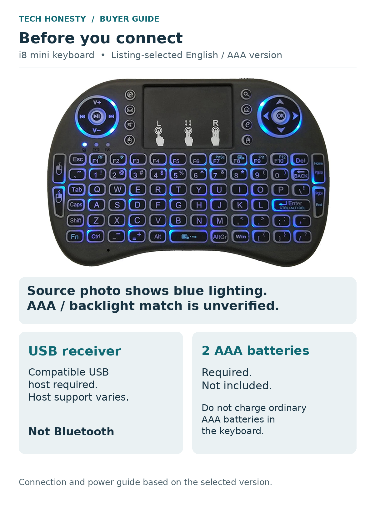 Listing-selected English AAA i8 keyboard guide; source photo shows blue lighting and AAA/backlight match is unverified: USB receiver for a compatible USB host, not Bluetooth. Two AAA batteries required and excluded. Do not charge ordinary AAA batteries in the keyboard.