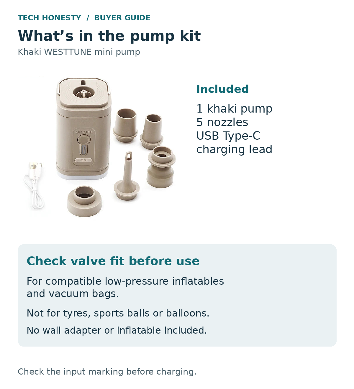 Khaki WESTTUNE pump kit guide: pump, five nozzles and USB Type-C charging lead. For compatible low-pressure inflatables and vacuum bags; not tyres, sports balls or balloons. No wall adapter or inflatable included.