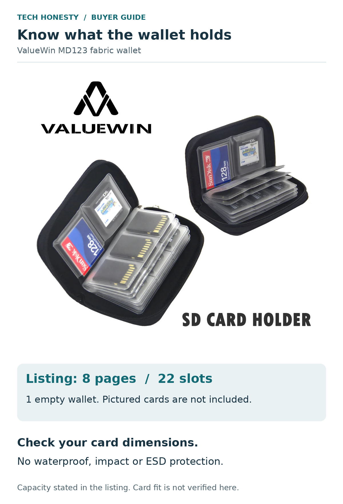 ValueWin MD123 wallet guide with full unchanged source image showing open pocket pages. One empty wallet, listing-stated eight pages and 22 slots. Pictured cards are not included; check dimensions. No waterproof, impact or ESD protection.