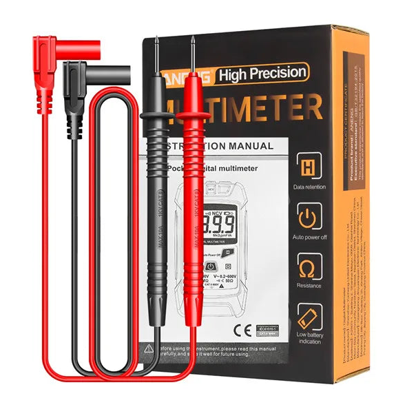 Red and black test leads beside the ANENG M113 manual and product box.