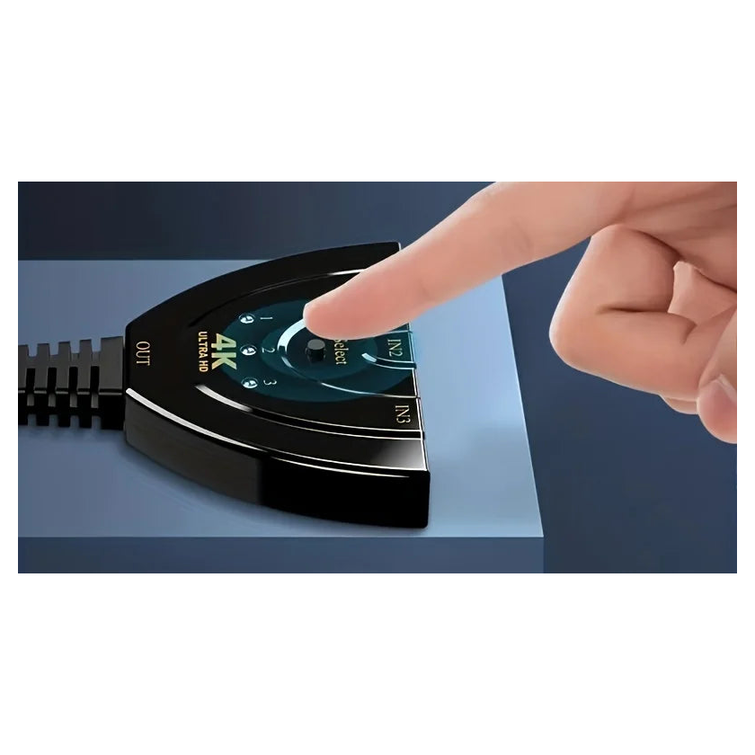 Black three-input HDMI switch with a finger pressing its source-selection button.