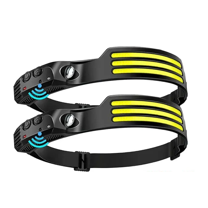 Two black headlamps with three front light strips, side spotlights and adjustable straps.